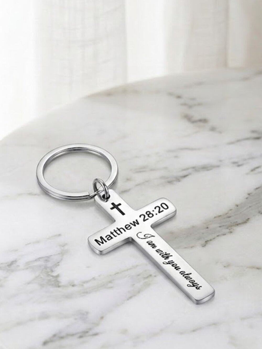 Silver Matthew 28:20 Keychain - Religious Verse Stainless Steel Keyring